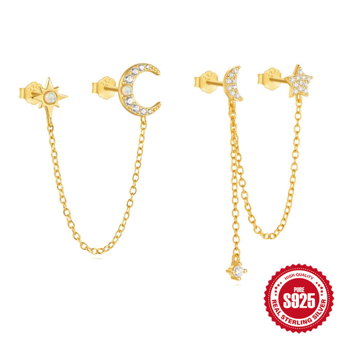 New S925 Sterling Silver Star Moon Asymmetric Earrings for Women with Tassel and Inlaid Diamonds Opal Jewelry