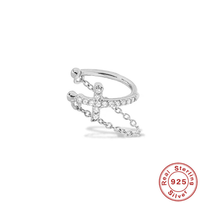 S925 Sterling Silver Cross Inlaid Chain Fashion Clip-On Earrings European and American Hot-Selling Elegant Diamond-Encrusted INS Earrings for Women