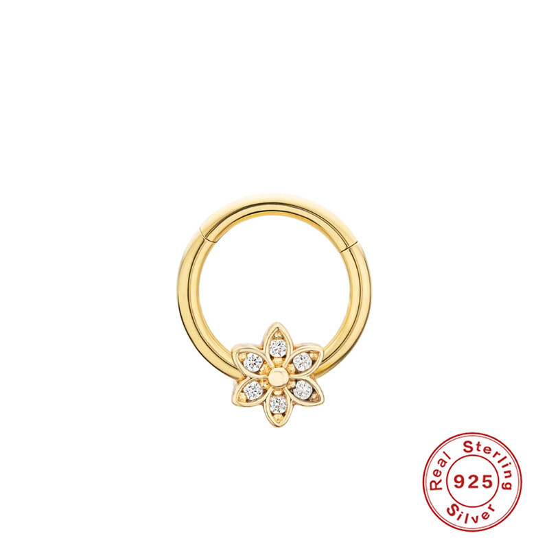 S925 Sterling Silver Classic Flower Inlaid Diamond Piercing Jewelry Korean and Japanese Style Small Hoop Earrings INS Creative Light Luxury Snap Hoop Nose Ring