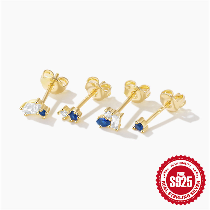 New 925 Sterling Silver Colorful Gemstone Inlaid Diamond Stud Earrings Set of 4