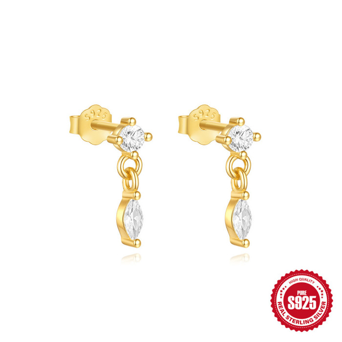 S925 Sterling Silver Minimalist Inlaid Diamond Versatile Rectangular Tassel Earrings European and American Cross-Border Hot-Selling Water Drop Earrings Jewelry