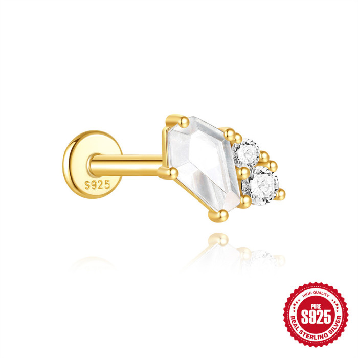 S925 Sterling Silver Geometric Inlaid Diamond Opal Flat Head Threaded Piercing Ear Bone Stud European and American Hot Selling Moonstone Tassel Earrings