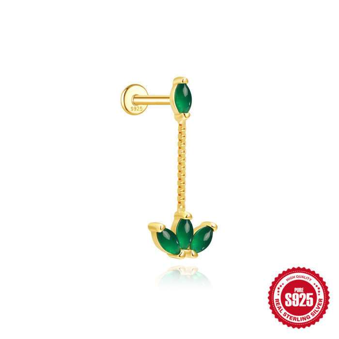 S925 Sterling Silver Natural Geometric Green Chalcedony Gemstone Tassel Flat Head Threaded Piercing Ear Bone Stud European and American Hot-Selling Earrings