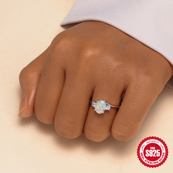 New S925 Sterling Silver Row Diamond Opal Flower Turquoise Ring Fashionable Unique Retro Niche Design Index Finger Tail Ring