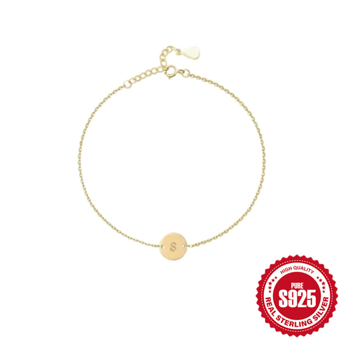 New S925 Sterling Silver Round Plate Engraved 26 Letters Daily Wear Bracelet for Women Hot-Selling Classic Jewelry