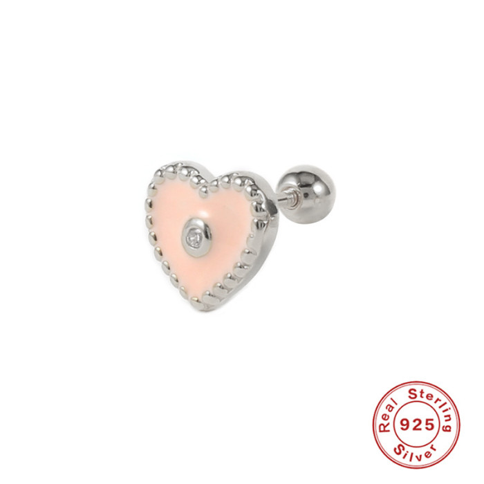 S925 Sterling Silver Single Spiral Piercing Heart Enamel Oil Drop Earrings European and American Fashion Personality Versatile Earrings