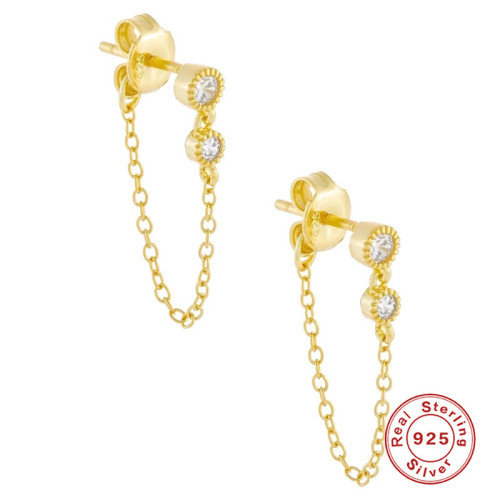 S925 Sterling Silver Round Diamond Chain Back Hanging Tassel Earrings Ear Thread Cross-Border Trendy Minimalist Style Inlaid Diamond Ear Jewelry