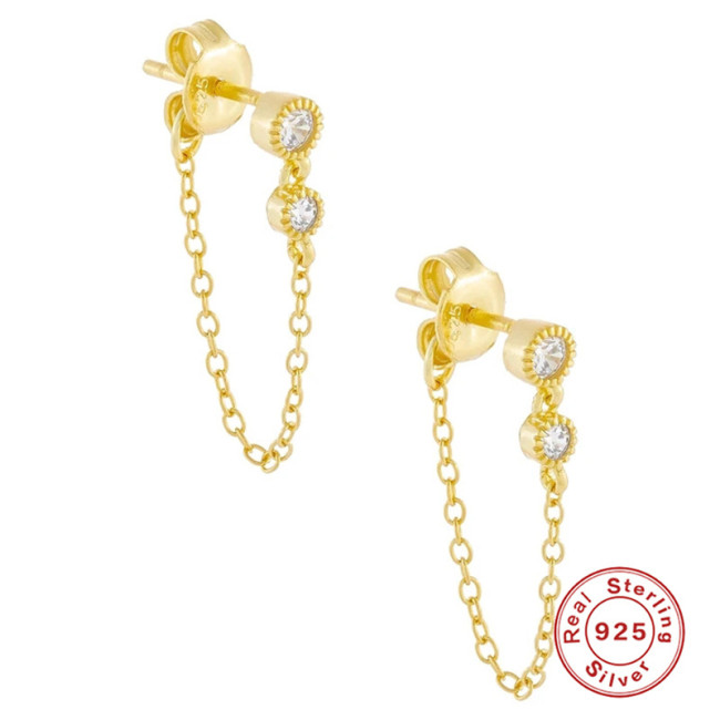 S925 Sterling Silver Round Diamond Chain Back Hanging Tassel Earrings Ear Thread Cross-Border Trendy Minimalist Style Inlaid Diamond Ear Jewelry