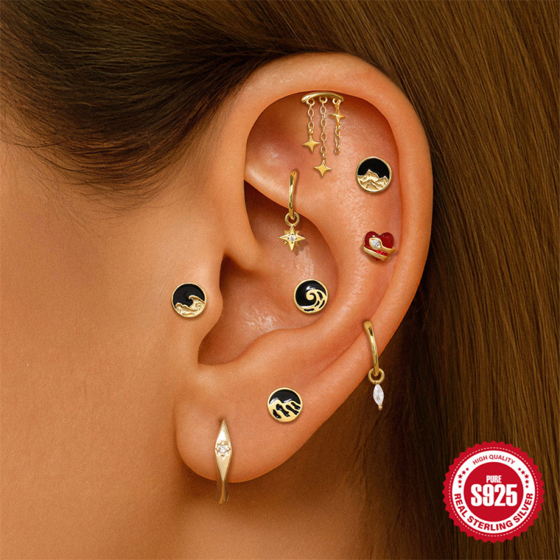 S925 Sterling Silver Oil Drop Sports Heart Flat Head Threaded Piercing Ear Bone Stud New Hot Selling Creative Ear Jewelry