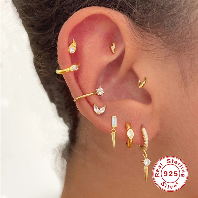 European and American Hot-Selling S925 Sterling Silver Lightning Diamond-Studded Piercing Jewelry Personality INS Flat Head Threaded Piercing Cartilage Earrings