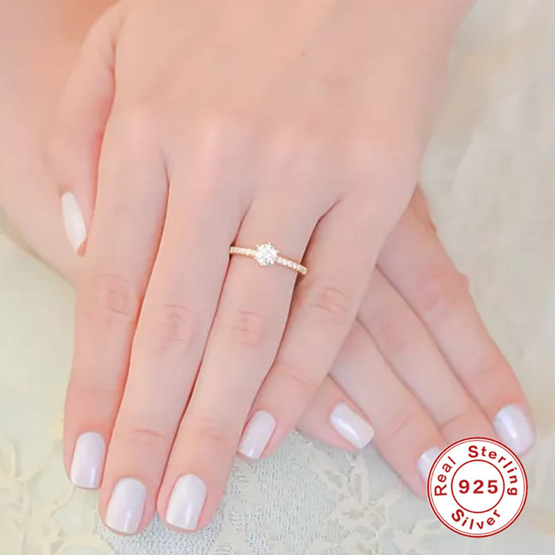 S925 Sterling Silver Classic Four-Prong Micro-Pave Single Row Diamond Engagement Ring Korean and Japanese Simple Style Super Sparkling High-End Ring