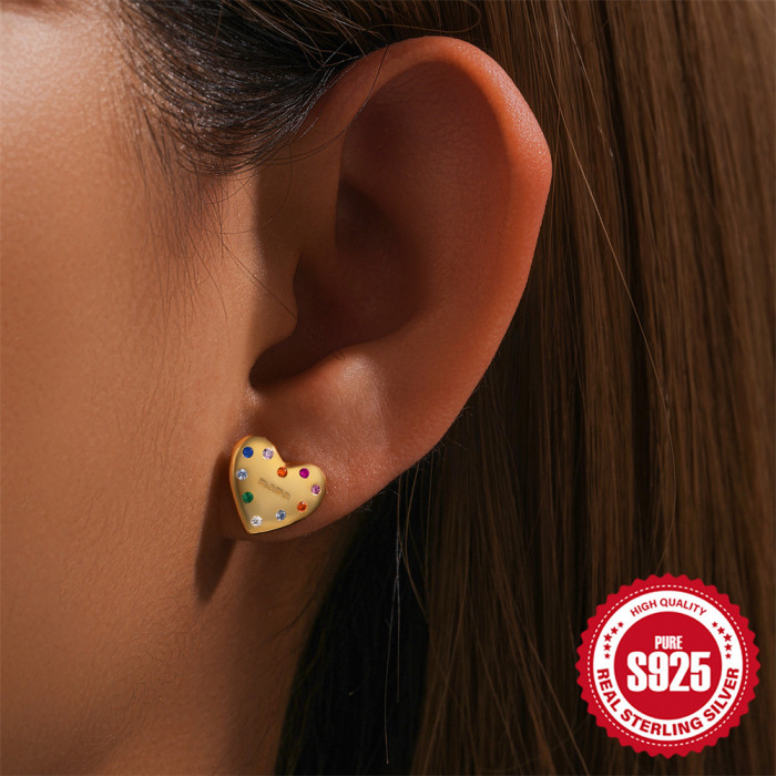 New 925 Sterling Silver Heart-Shaped Colorful Diamond Oil Drop Earrings European and American Hot-Selling Elegant Inlaid Diamond Mother's Day Earrings for Women