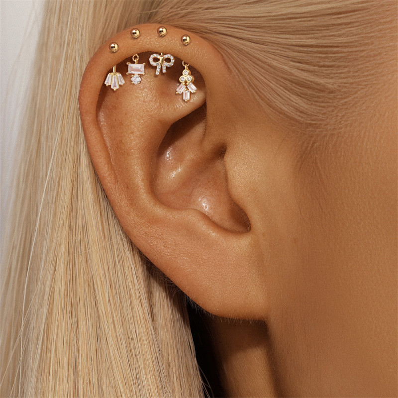 New S925 Sterling Silver Geometric Inlaid Diamond Moonstone Round Ball Vertical Thread Piercing Ear Bone Stud Cross-Border Hot-Selling Earrings