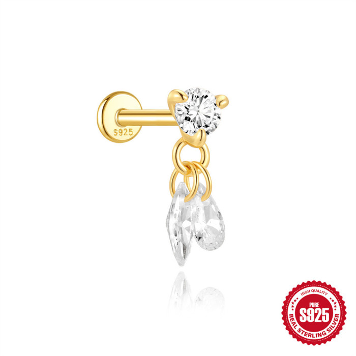 S925 Sterling Silver Exquisite Horse Eye Tassel Flat Head Threaded Piercing Ear Bone Stud European and American Fashion Cross-Border Light Luxury Ear Jewelry