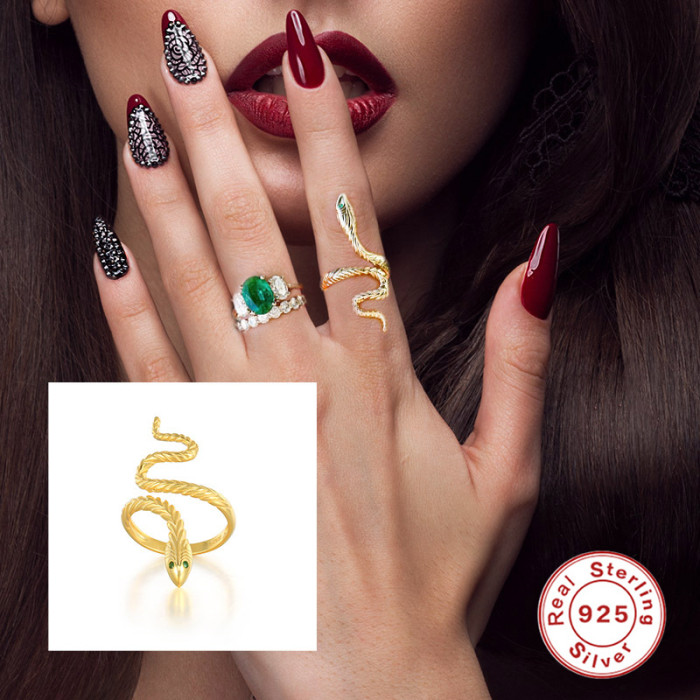 S925 Sterling Silver Minimalist Fun Snake Shape Adjustable Open Ring Hot Selling Creative Style Ring