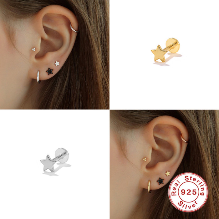 925 Sterling Silver Mini Pentagram Smooth Piercing Earrings European and American Hot Sale 16G Flat Head Threaded Piercing Cartilage Stud Earrings
