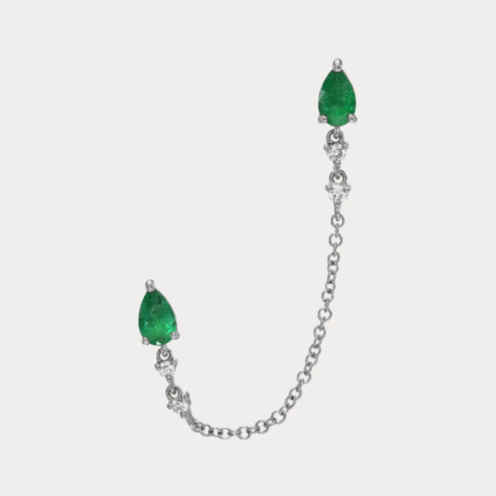 S925 Sterling Silver INS Style Personality Green Gemstone Stone-Inlaid Ear Thread Fashion Simple Chain Tassel Earri...