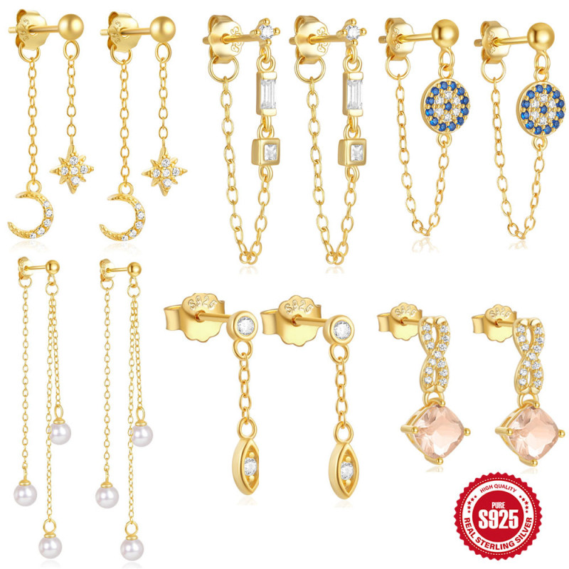 S925 Sterling Silver Inlaid Diamond Pearl Tassel Chain Earrings Studs European and American Hot-Selling Geometric Star Moon High-End Earrings
