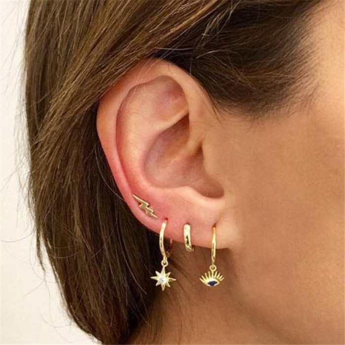 S925 Sterling Silver Octagonal Star Earrings INS Star Inlaid with Diamonds Small Sun Hoop Earrings European and American Hot Selling INS Earrings for Women