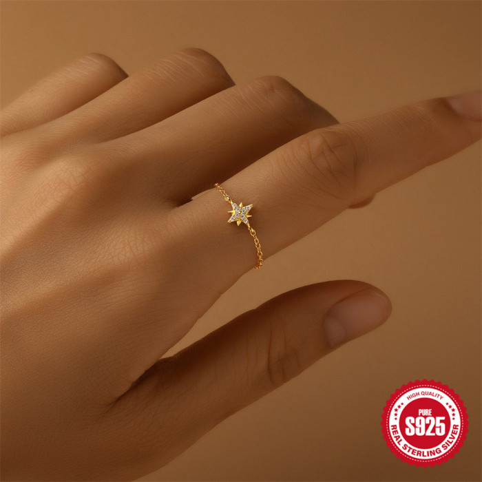 New S925 Sterling Silver Micro Pave Stone Eight-Pointed Star Ring for Women, Simple High-End Adjustable Ring Chain,...