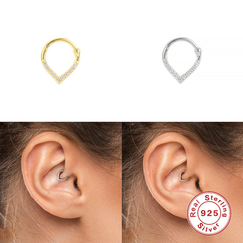 S925 Sterling Silver Heart Earrings with Diamond Nose Ring Cross-Border Bestselling Personality Trendy Creative Single Piercing Ear Bone Stud