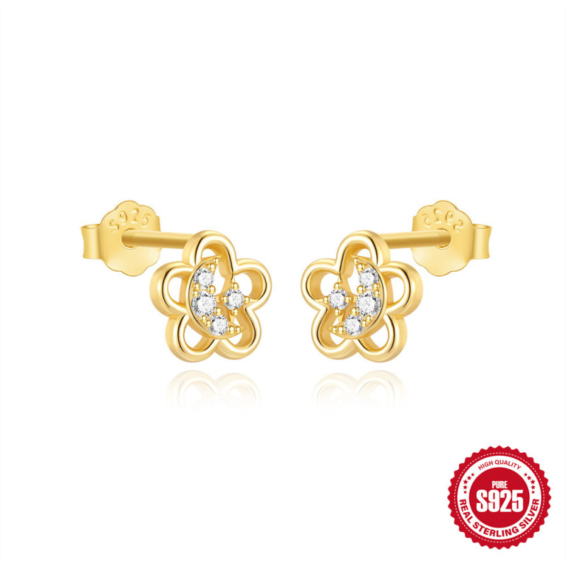 S925 Sterling Silver Five-Petal Flower Hollow Exquisite Commuting Versatile Earrings European and American Hot-Selling Cute Petite Ear Jewelry