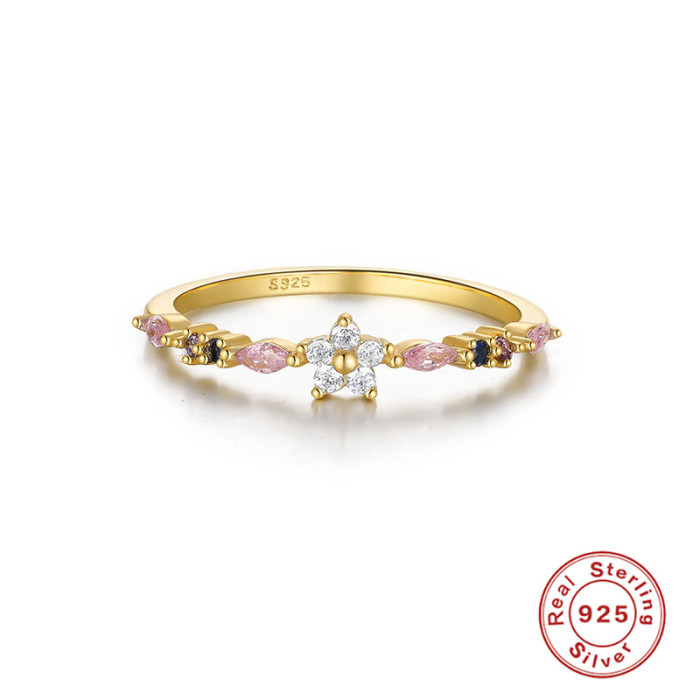 S925 Sterling Silver Creative Mini Cute Small Bouquet Ring Triangle Inlaid Diamond Ring Korean Style Elegant Internet Celebrity Hand Jewelry