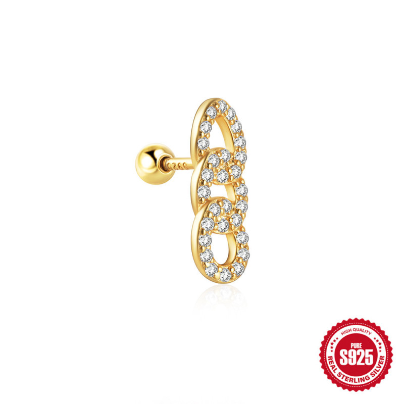 New 925 Sterling Silver Hip-Hop Diamond-Studded L-Chain Threaded Piercing Ear Bone Stud Earrings for Women, European and American Cross-Border Hot-Selling Earrings