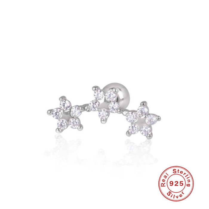 S925 Sterling Silver Three Five-Pointed Stars Snowflake Piercing Threaded Earrings European and American Hot Selling Cold Style Elegant Ear Bone Studs for Women