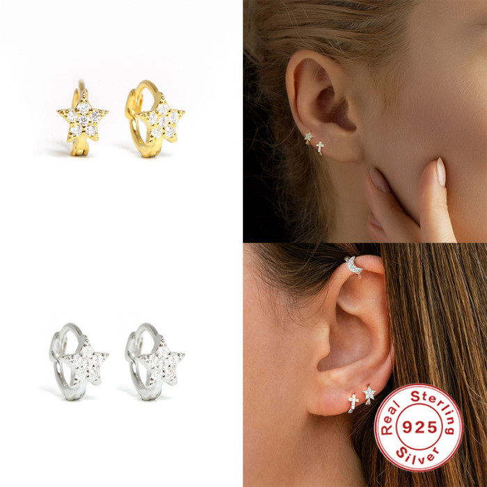 S925 Sterling Silver Five-Pointed Star Stone-Inlaid Soft Bone Ear Hoop Ear Clip Fashion Ins Style Mini Trendy Earri...
