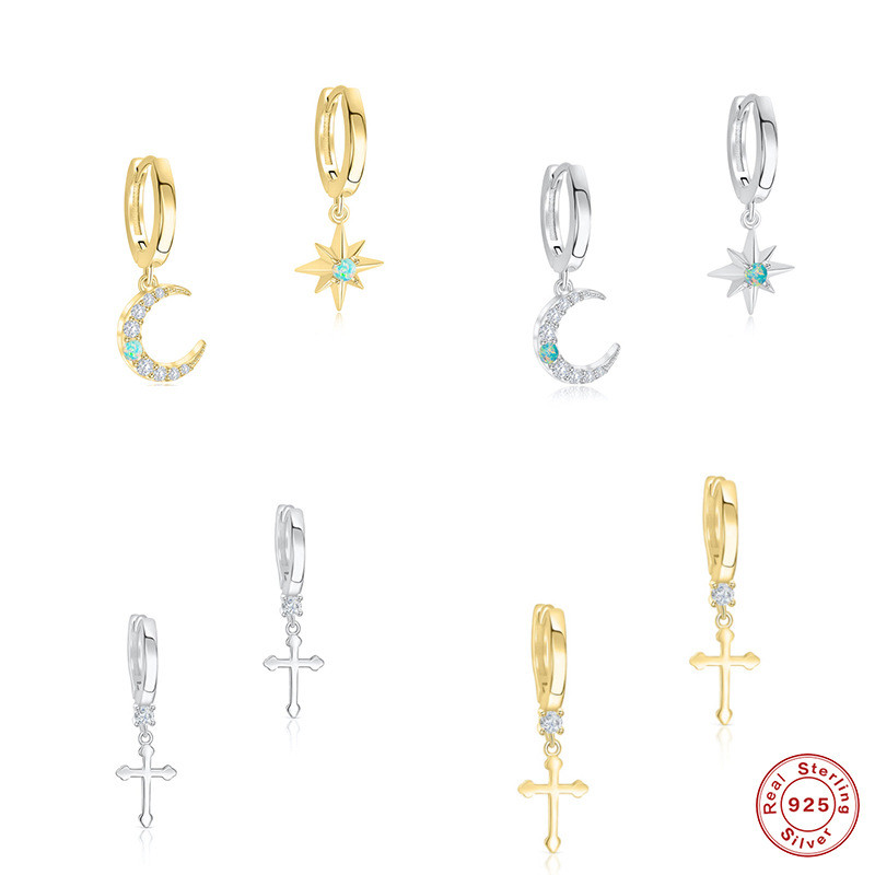 S925 Sterling Silver Star Moon Inlaid Diamond Opal Hoop Earrings Cross Ear Clips Earrings European and American Hot Trendy INS Earrings for Women