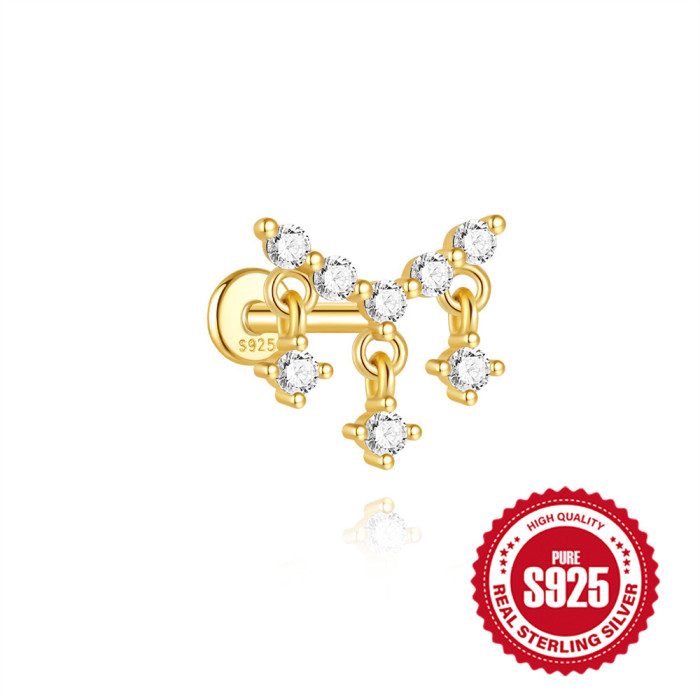 S925 Sterling Silver Irregular Butterfly Crown Inlaid Diamond Flat Head Threaded Piercing Ear Bone Stud European and American Hot Selling Elegant Earrings