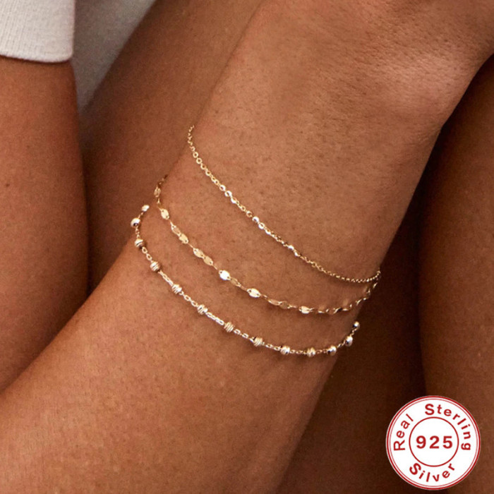 S925 Sterling Silver Double Layer Adjustable Daily Basic Chain Bracelet Hand Jewelry Internet Celebrity TikTok Same S...