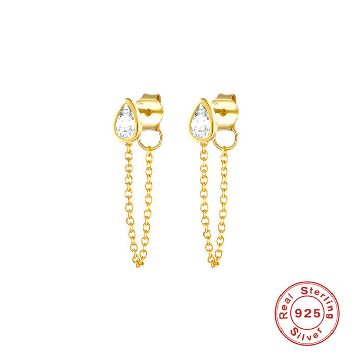 S925 Sterling Silver Minimalist Chain Back Hanging Earrings Japanese and Korean Simple Versatile Water Drop Inlaid Diamond Elegant Earrings for Women