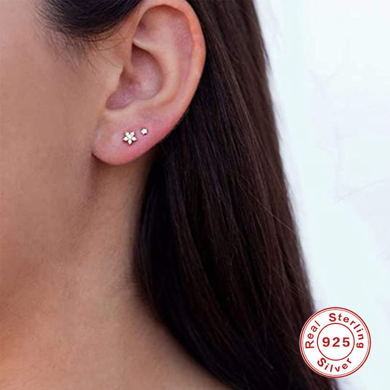 S925 Sterling Silver Round Five-Pointed Star Inlaid Diamond Stud Earrings European and American Fashion Ins Personality Set of 3 Stud Earrings