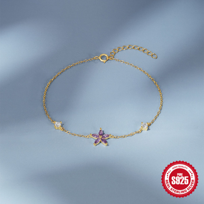 S925 Sterling Silver Summer Cute Flower Stone-Inlaid Daily Matching Bracelet Korean Version Niche Design Bracelet J...