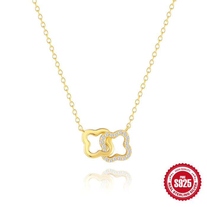 S925 Sterling Silver Smooth Surface Stone-Encrusted Four-Leaf Clover Cross Pendant Collarbone Chain Korean Version...