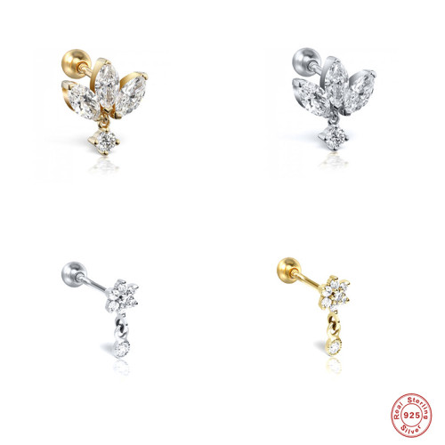 S925 Sterling Silver Geometric INS Style Piercing Ear Bone Stud Earrings European and American Bestselling Nose Ring Body Piercing Screw Jewelry