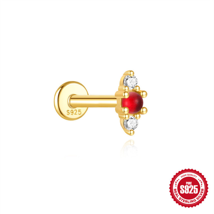 New S925 Sterling Silver Ultra Sparkling Colorful Diamond Flat Head Threaded Piercing Ear Bone Stud European and American French Style Geometric Elegant Earrings