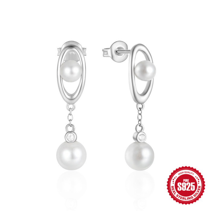 New 925 Sterling Silver High-End Design Pearl Pendant Earrings European and American Hot-Selling French Style INS Versatile Earrings for Women
