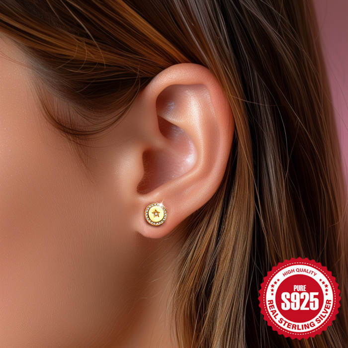 Hot Selling 925 Sterling Silver Round Stone Stud Earrings Korean Style Simple Elegant Matching Flower Non-Picky Ear...