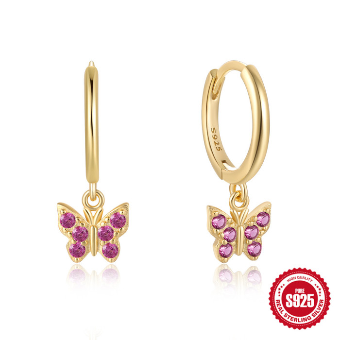 S925 Sterling Silver Butterfly Stone-Inlaid Earrings Hoop Earrings Ear Clips Earrings Hot Selling Creative Personal...