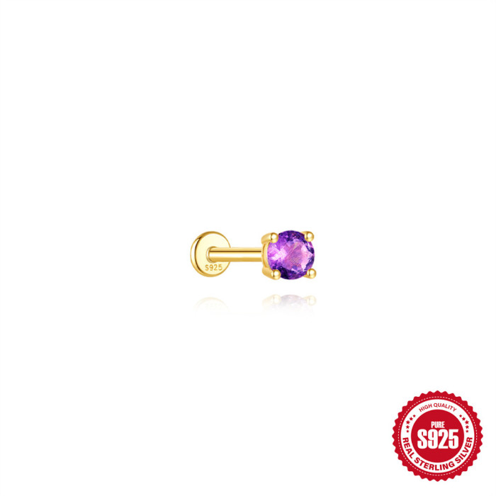 S925 Sterling Silver Light Luxury Natural Amethyst Flat Head Threaded Piercing Ear Bone Stud Korean Version Hot Selling Elegant High-end Earrings