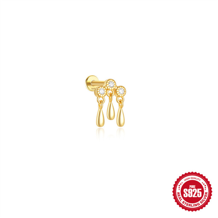 New S925 Sterling Silver Tassel Chain Inlaid Diamond Piercing Threaded Ear Bone Stud European and American Hot-Selling Heart Turquoise Ear Jewelry