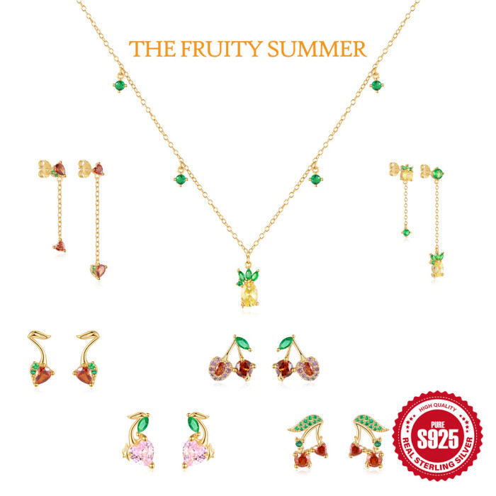 New S925 Sterling Silver Fruit Series Streamlined Earrings European and American Hot Trendy Small Summer Earrings for Women