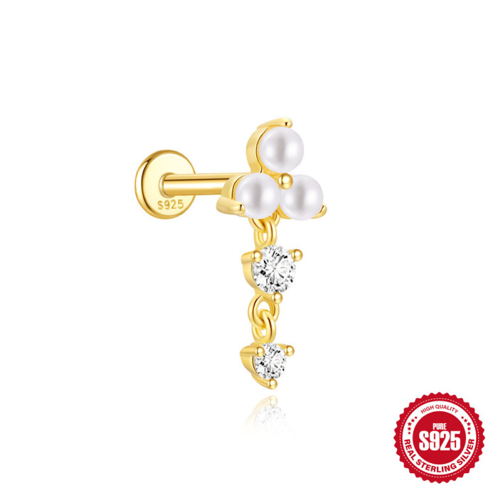 S925 Sterling Silver Geometric Zircon Flat Head Cartilage Threaded Piercing Ear Bone Stud European and American Hot Selling Elegant Pearl Ear Jewelry