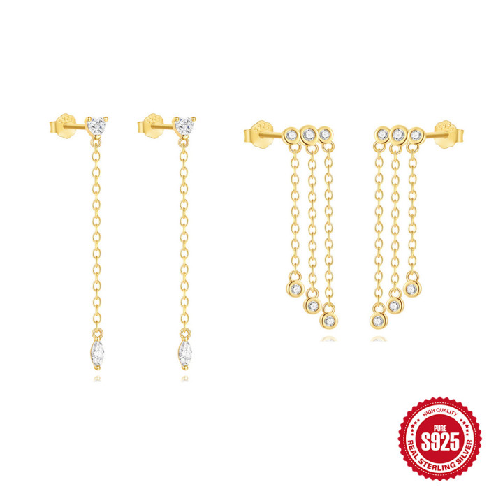 S925 Sterling Silver Tassel Chain Inlaid Diamond Heart Zircon Earrings Korean Style Light Luxury Unique Niche High-end Ear Jewelry