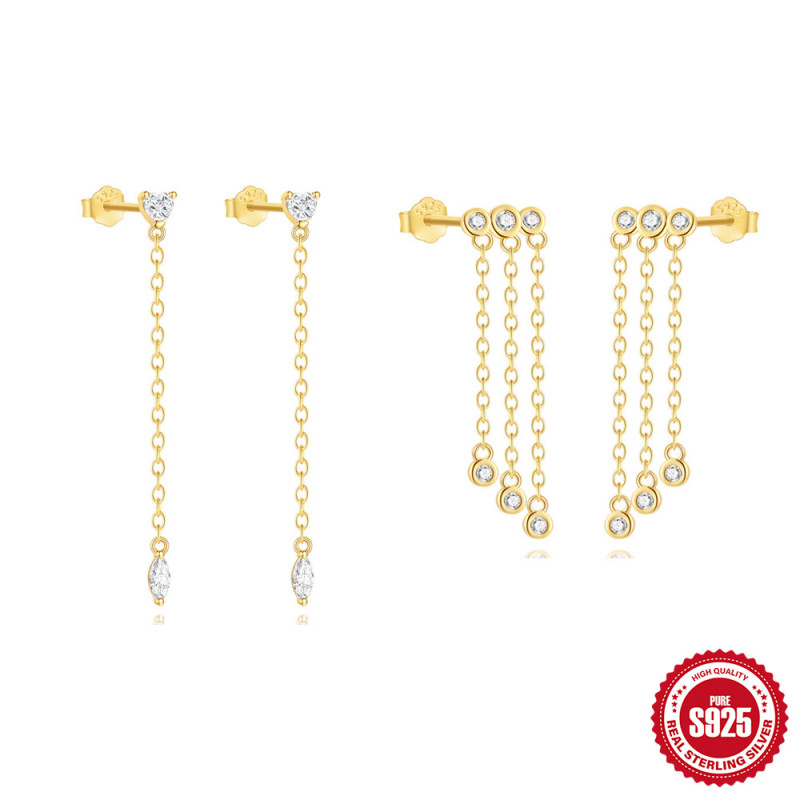 S925 Sterling Silver Tassel Chain Inlaid Diamond Heart Zircon Earrings Korean Style Light Luxury Unique Niche High-end Ear Jewelry
