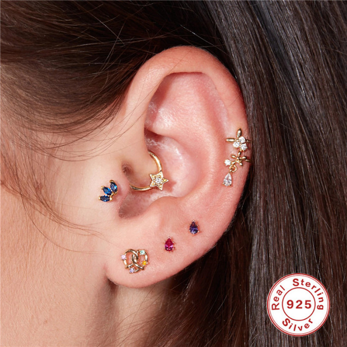 S925 Sterling Silver Classic Five-Pointed Star Inlaid with Stones Soft Bone Piercing Ear Hoop Ear Clip Korean and J...