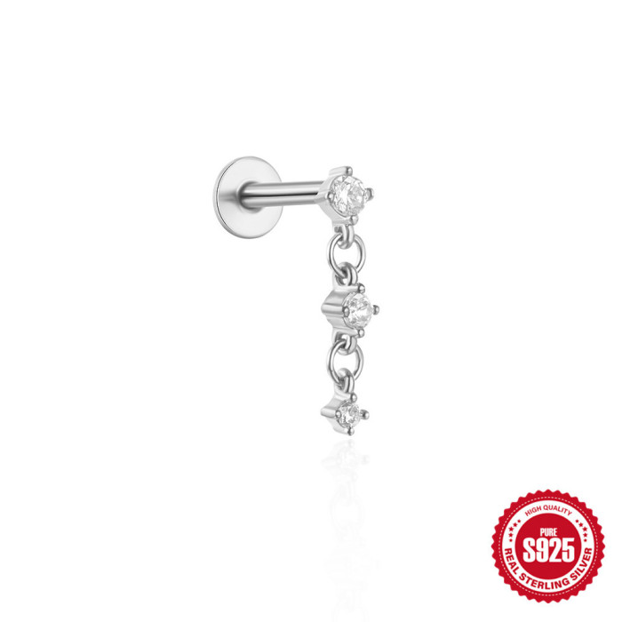 New 925 Sterling Silver Diamond-Studded Tassel Piercing Threaded Flat Ear Bone Stud Earrings European and American Hot-Selling Ins Style Ear Jewelry